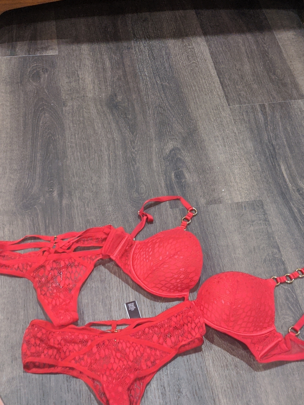 Victoria's Secret Red Lace Push-Up Bra & Matching Lace Bikini Set